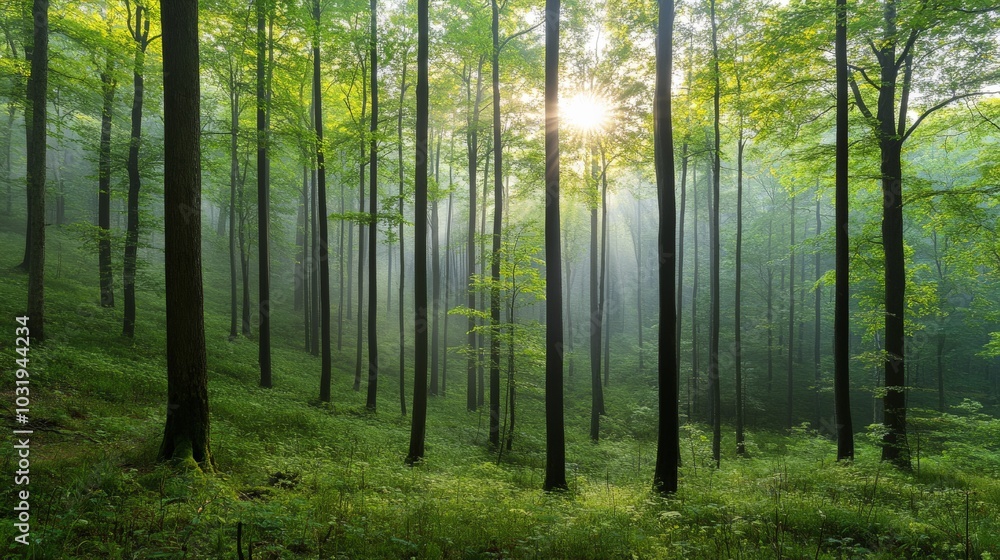Fototapeta premium Enchanting Forest with Sunbeams Breaking Through the Trees