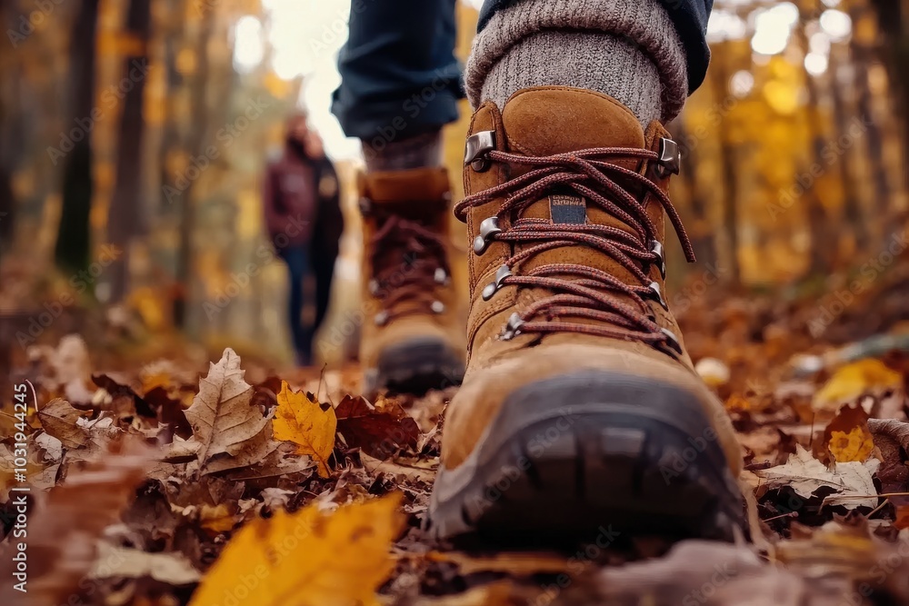 A person is walking in the woods with a brown pair of boots. The boots are laced up and the person is wearing socks. The person is walking on a path with leaves on the ground A person is walking in the woods with a brown pair of boots. The boots are laced up and the person is wearing socks. The person is walking on a path with leaves on the ground