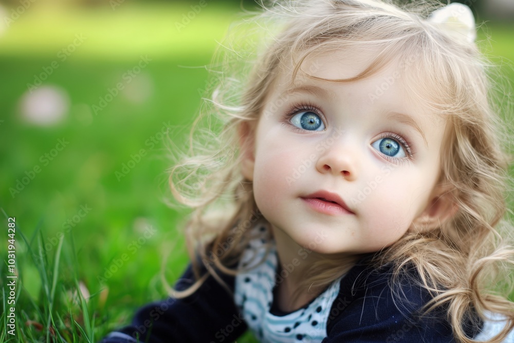 A curious toddler exploring a sunlit green meadow during a bright spring afternoon A curious toddler exploring a sunlit green meadow during a bright spring afternoon