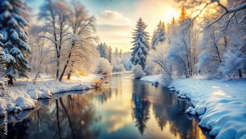 Enchanting Winter Forest River Landscape with Tilt-Shift Photography, Snow-Covered Trees, Crystal Clear Water, and a Serene Atmosphere for Nature Enthusiasts and Winter Aficionados