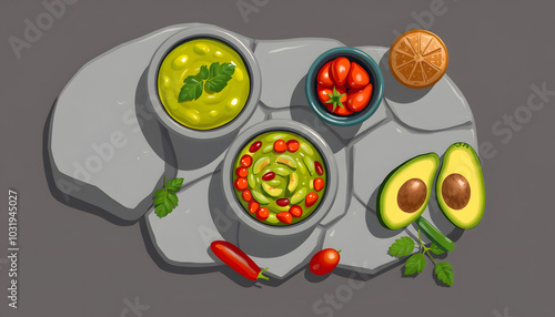 mexican salsas and guacamole in stone molcajetes shot top down and isolated isolated with white highlights, png photo