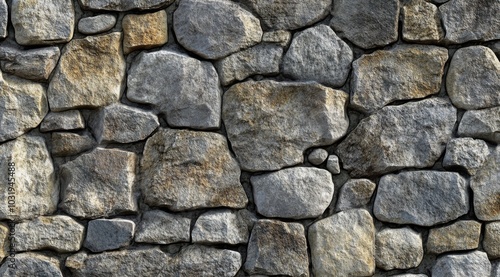 A wall made of gray stones. The wall is made of many different sized stones. The wall is very rough and has a lot of texture