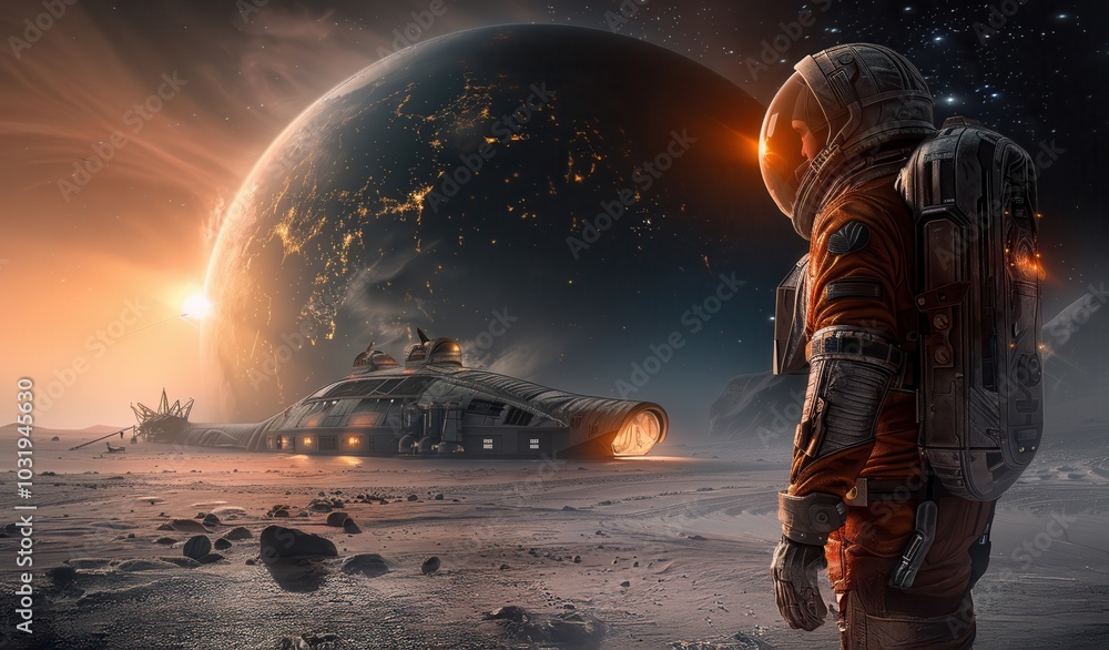 astronaut gazing at distant planet near futuristic space habitat on a ...