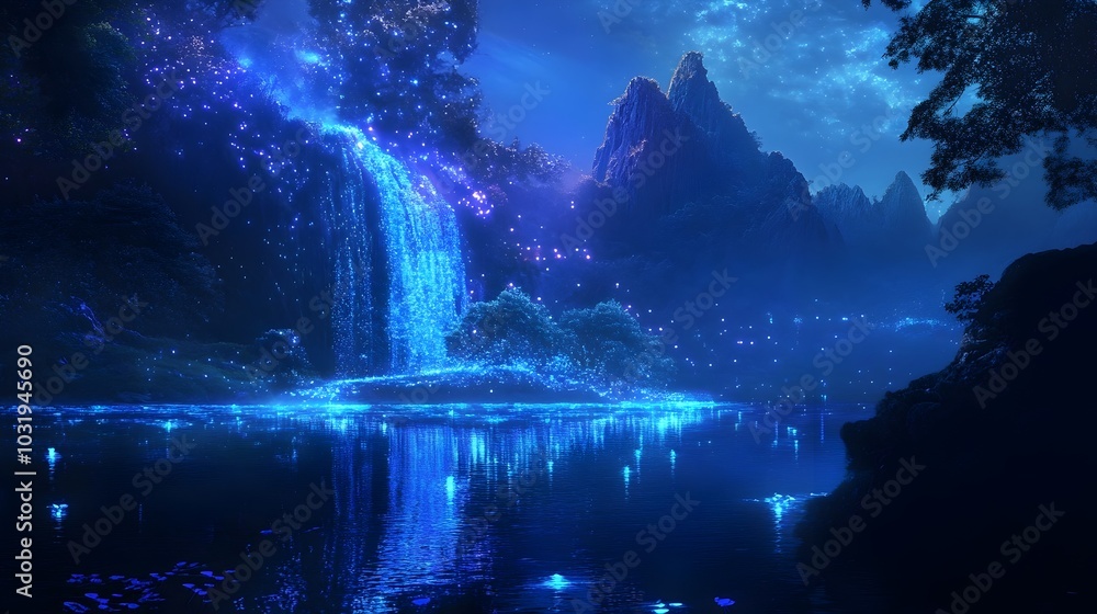 Bioluminescent Dream Landscape with Glowing Waterfall and Ethereal Mountain Scenery Bioluminescent Dream Landscape with Glowing Waterfall and Ethereal Mountain Scenery