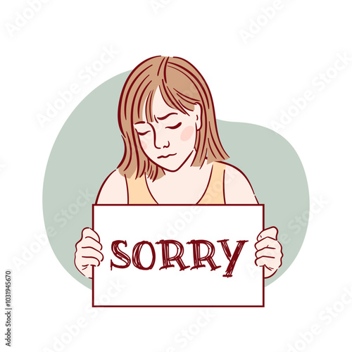 Illustration of a sorrowful girl seeking forgiveness, teary eyed. Features a sorry sign. This vector sketch is suitable for books, brochures, and designs for psychological support websites.