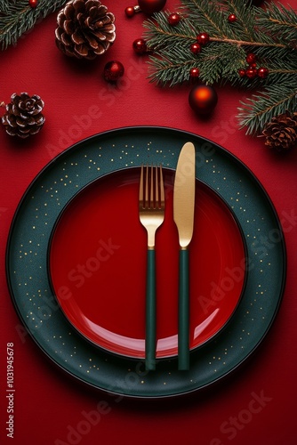 Elegant holiday table setting with red plate, gold cutlery, and festive decor...