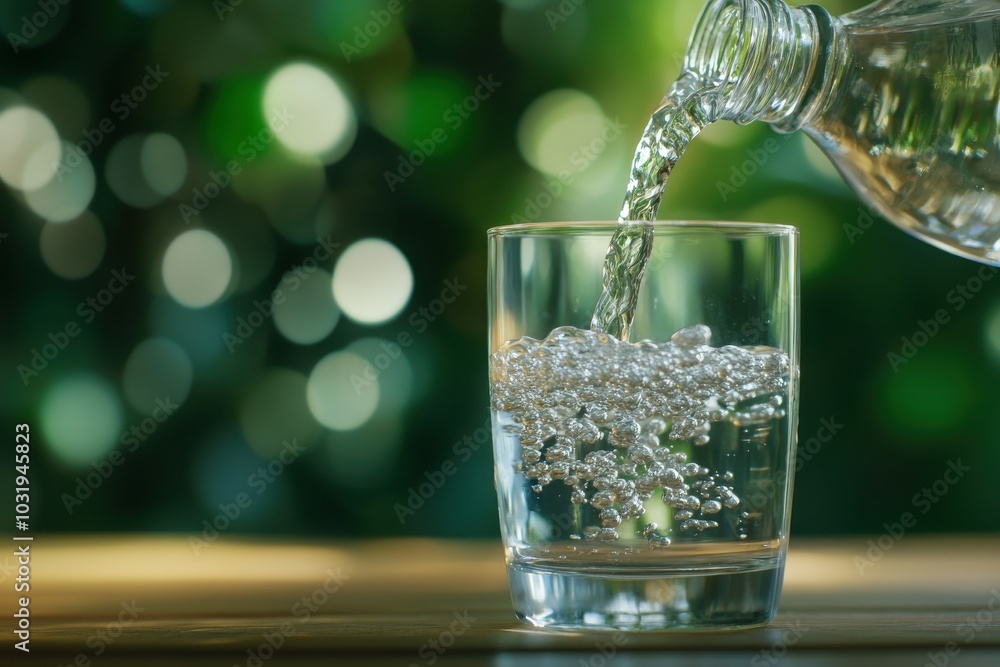 A glass of water is being poured into it. The water is clear and the glass is half full A glass of water is being poured into it. The water is clear and the glass is half full
