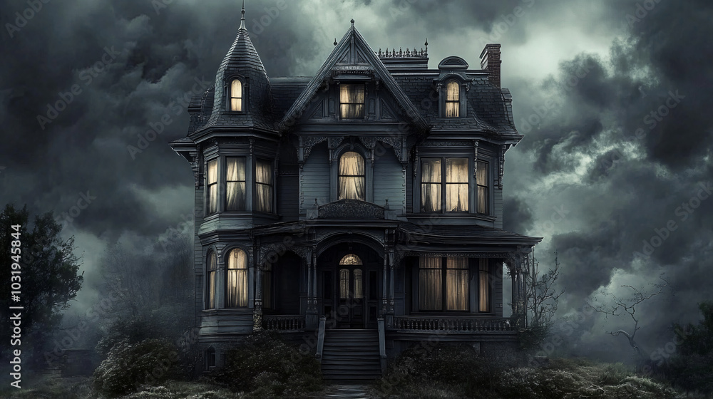 A ghostly Victorian house with creaking doors and windows. A ghostly Victorian house with creaking doors and windows.