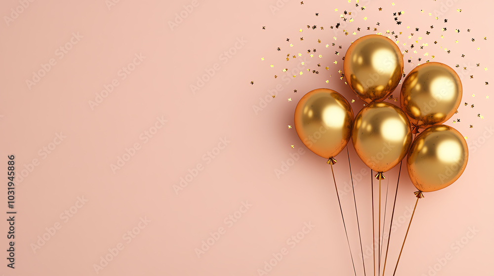 Obraz premium A collection of five elegant golden balloons on a soft pink background, perfect for celebrations and festive occasions.
