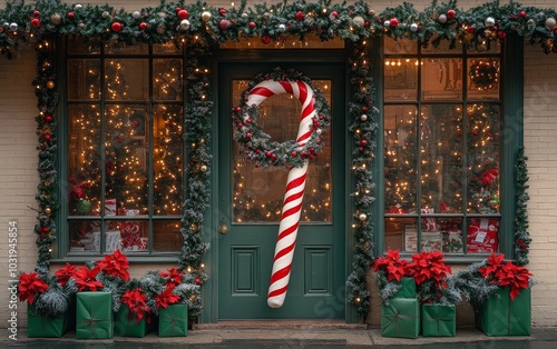 Festively decorated shop entrance with Christmas gifts, candies, and wreath i...