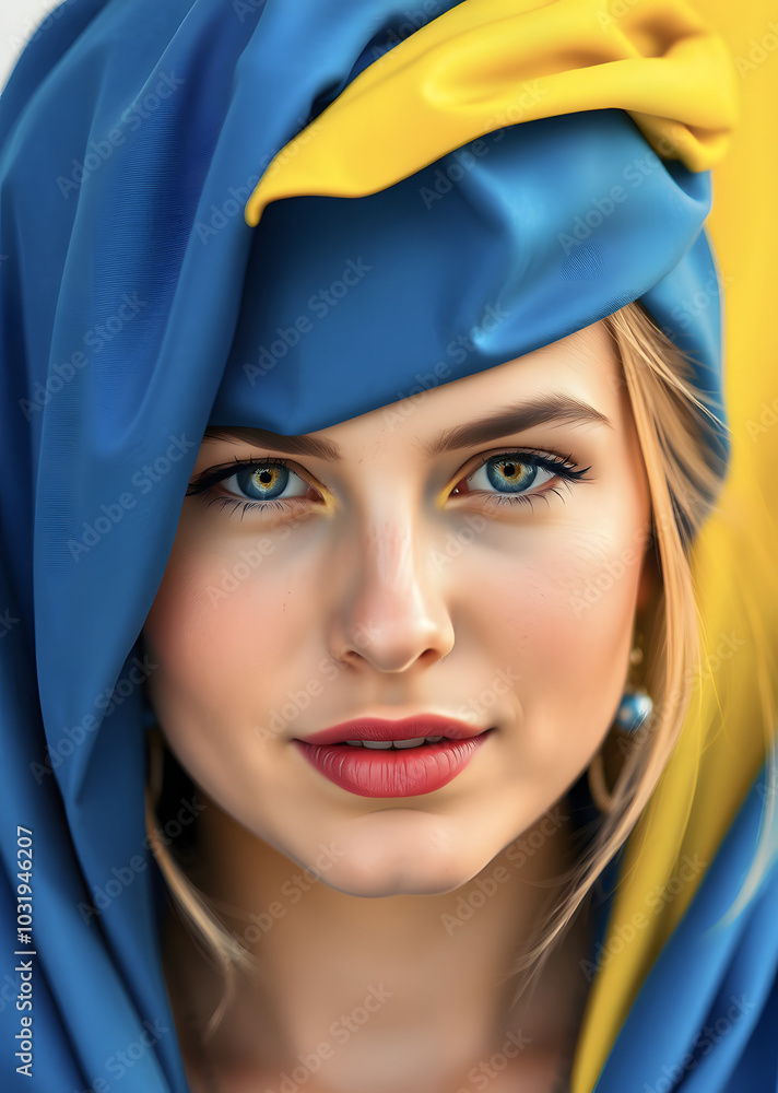 Ukrainian woman's face painted in blue and yellow tones. Independence Day of Ukraine. Prayer for Ukraine. Creative portrait for banner or poster design with space for text. Ukrainian woman's face painted in blue and yellow tones. Independence Day of Ukraine. Prayer for Ukraine. Creative portrait for banner or poster design with space for text.