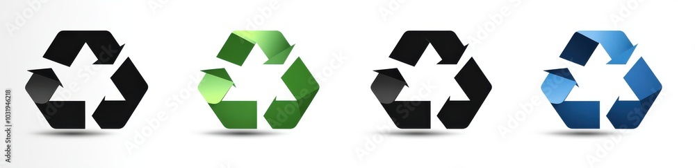 Four different colored recycling symbols. The symbols are green, black, blue and white. The recycling symbols are all different colors and sizes Four different colored recycling symbols. The symbols are green, black, blue and white. The recycling symbols are all different colors and sizes