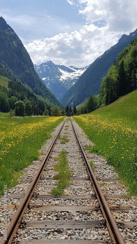 Fototapeta premium Tranquil railway tracks stretching through a vibrant valley under a blue sky in the mountains