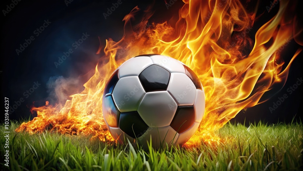 Fototapeta premium Fiery Football Frenzy: A Black and White Soccer Ball Ablaze on Lush Grass - Captivating Candid Photography Moment