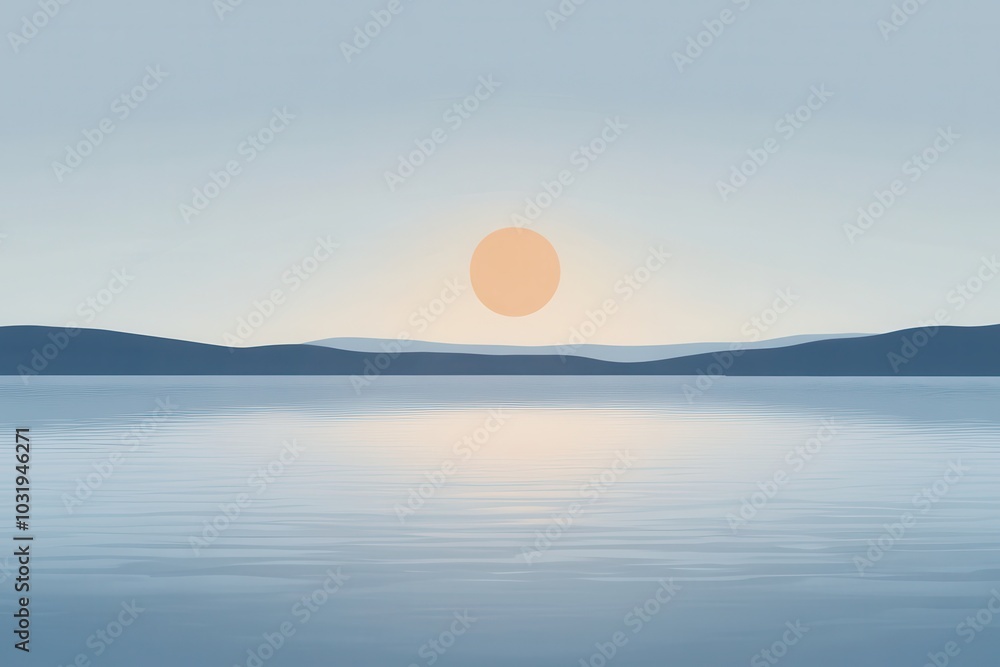 The image is a pixelated representation of a serene lake with a large sun in the sky. The calm water reflects the sun, creating a beautiful and tranquil scene. The sky is a light blue color The image is a pixelated representation of a serene lake with a large sun in the sky. The calm water reflects the sun, creating a beautiful and tranquil scene. The sky is a light blue color