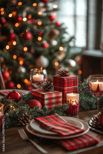 Elegant Christmas dining table decorated with festive candles, gifts, and pin...