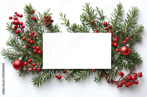 Festive holiday decoration with evergreen branches, red berries, and ornament...