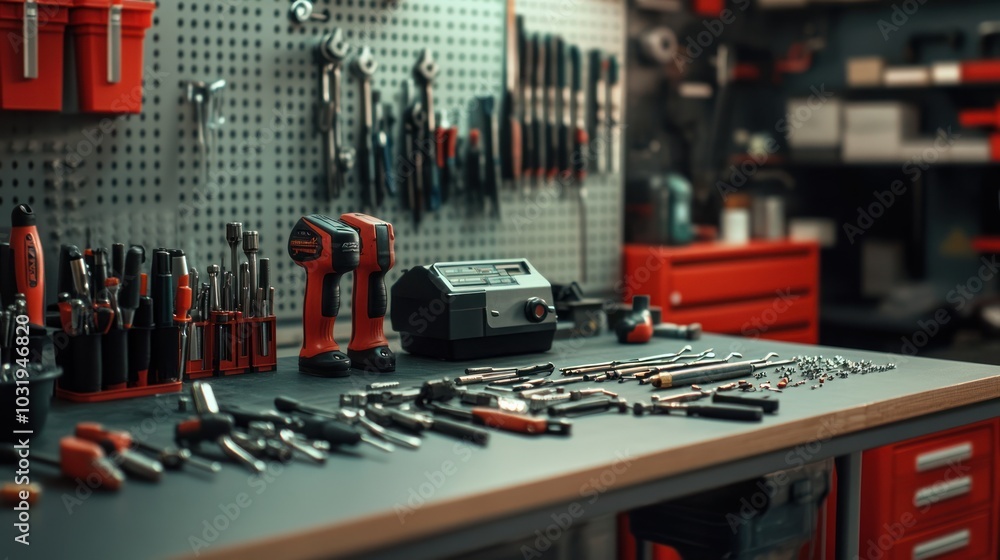 Obraz premium Tools and Equipment on a Workbench in a Garage