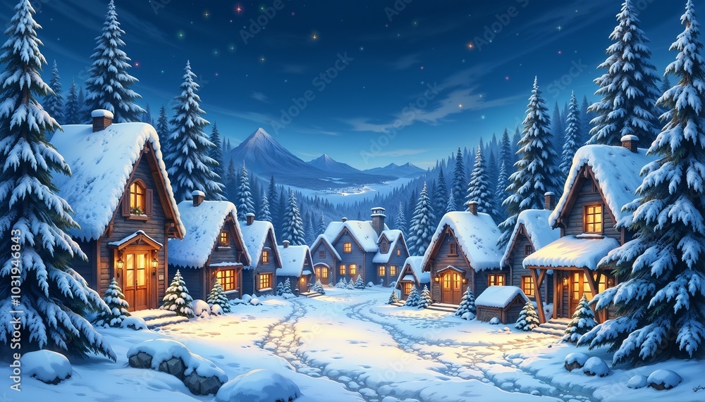 Fototapeta premium Winter village landscape at night with cozy cabins in a snowy forest