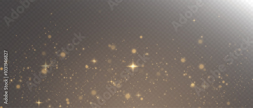 Light of gold dust. Bokeh light effect background png. A gorgeous Christmas glowing dust background. A beautiful yellow flickering glow with confetti bokeh light and particle motion.