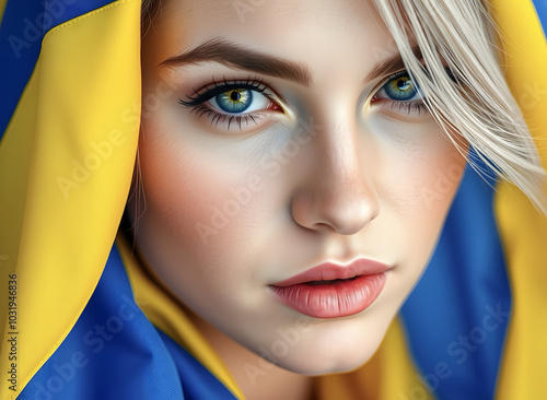 Ukrainian woman's face painted in blue and yellow tones. Independence Day of Ukraine. Prayer for Ukraine. Creative portrait for banner or poster design with space for text.