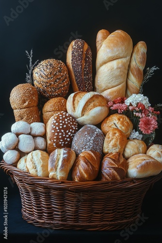 Varied assortment of fresh bread rolls displayed in a woven basket against a dark background photo