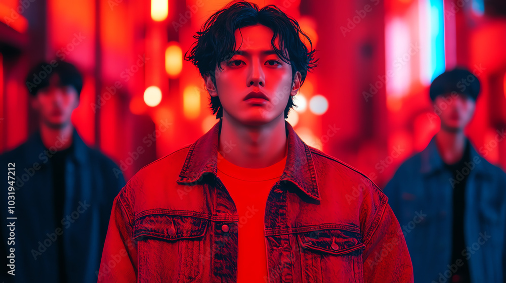 A man in a red jacket stands confidently in a vibrant neon-lit urban setting, with blurred figures in the background, showcasing a striking contrast. A man in a red jacket stands confidently in a vibrant neon-lit urban setting, with blurred figures in the background, showcasing a striking contrast.