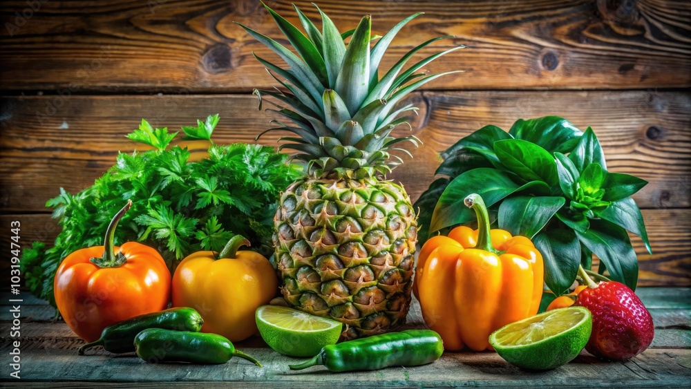 Fresh Fruits and Vegetables Arrangement: Vibrant Pineapple, Crisp Green Pepper, and Juicy Orange for Healthy Eating, Nutritional Recipes, and Colorful Food Presentation Fresh Fruits and Vegetables Arrangement: Vibrant Pineapple, Crisp Green Pepper, and Juicy Orange for Healthy Eating, Nutritional Recipes, and Colorful Food Presentation