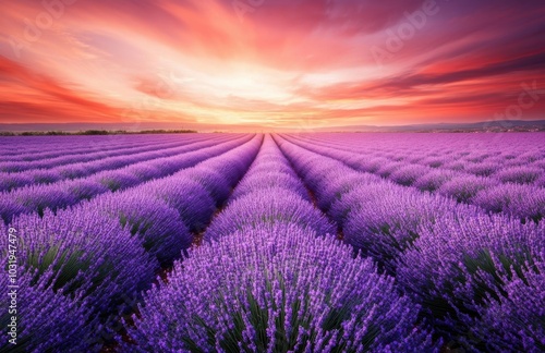 A field of lavender flowers with a beautiful sunset in the background. The sky is filled with clouds and the sun is setting, creating a warm and peaceful atmosphere