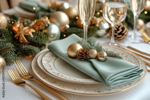 Elegant holiday dinner table setting with gold accents and pine decorations i...