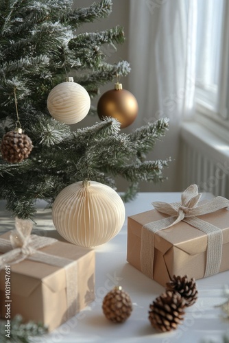 Decorative ornaments and wrapped gifts under a snowy Christmas tree in a cozy...