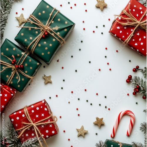 Colorful Christmas gifts arranged with festive decorations and a candy cane o...