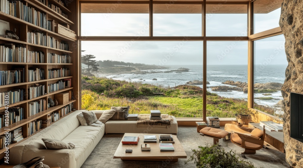 A large living room with a view of the ocean. The room is filled with bookshelves and a couch A large living room with a view of the ocean. The room is filled with bookshelves and a couch