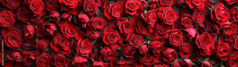 Obraz premium Red roses in full bloom creating a lush floral arrangement. Banner or header
