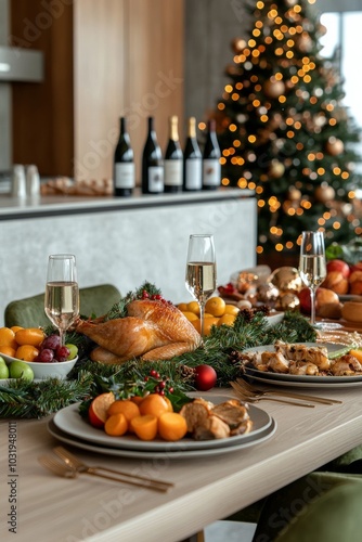 Holiday dinner with roasted turkey, veggies, and a beautifully decorated Chri...