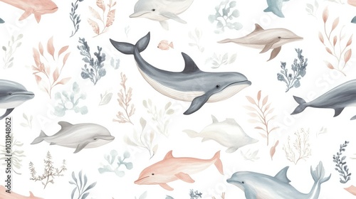 Sweet wallpaper pattern with aquatic animals--whales, fish, and dolphins--in pastel shades, set against a white background.