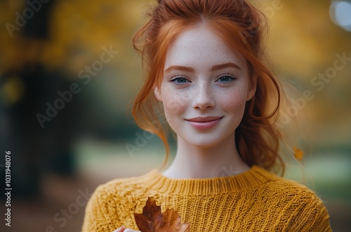 A red haired woman holding a yellow leaf in a vibrant autumn park on a sunny day