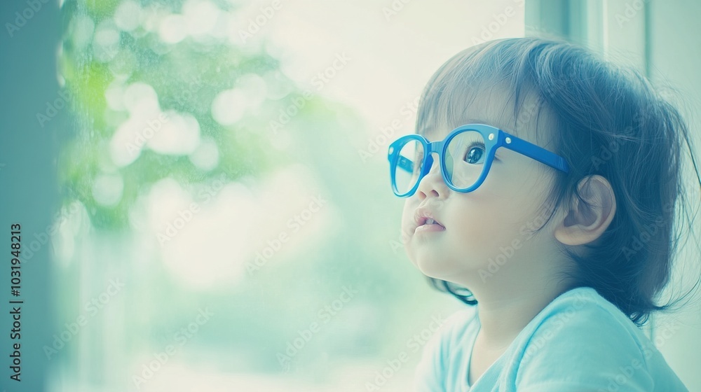 Young child wearing blue glasses focusing on distant tree outside window, symbolizing myopia prevention and importance of outdoor activities. Young child wearing blue glasses focusing on distant tree outside window, symbolizing myopia prevention and importance of outdoor activities.