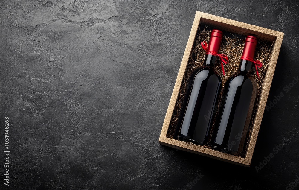 Elegant wooden box containing two wine bottles with red corks on a textured dark surface Elegant wooden box containing two wine bottles with red corks on a textured dark surface