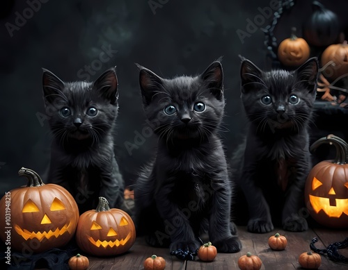 playful kittens pose with Halloween pumpkins in a festive autumn setting photo