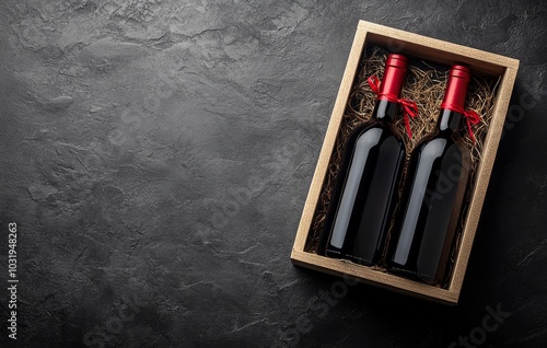 Elegant wooden box containing two wine bottles with red corks on a textured d...