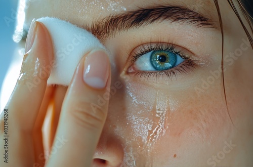 A young woman applies toner to her skin using a cotton pad in natural light a...