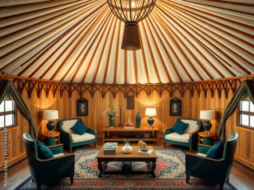 A cozy living room with a large round ceiling and a wooden floor. There are several chairs and a coffee table in the room. The chairs are arranged around the coffee table, and there are vases