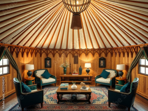 Obraz na płótnie A cozy living room with a large round ceiling and a wooden floor. There are several chairs and a coffee table in the room. The chairs are arranged around the coffee table, and there are vases w salonie