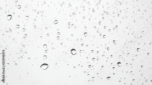 Transparent droplets suspended in mid-air against a white backdrop, emphasizing the purity and simplicity of raindrops in an abstract style.