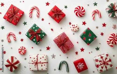 Colorful holiday gift boxes arranged with festive decorations on a light back...