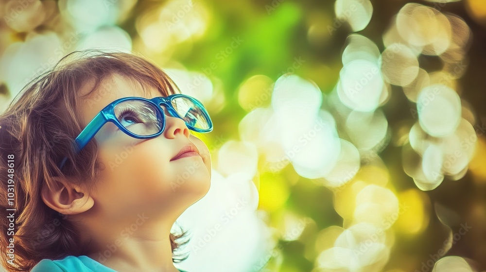 Young child wearing blue glasses focusing on distant tree outside window, symbolizing myopia prevention and importance of outdoor activities. Young child wearing blue glasses focusing on distant tree outside window, symbolizing myopia prevention and importance of outdoor activities.