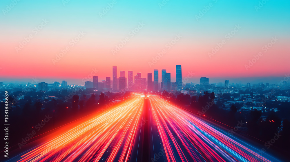 A stunning sunset view of a city skyline, with vibrant light trails from moving vehicles against a colorful sky. A stunning sunset view of a city skyline, with vibrant light trails from moving vehicles against a colorful sky.