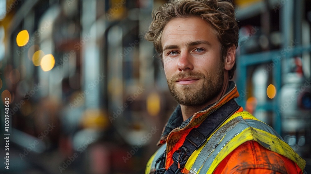 A smiling worker in safety gear stands in an industrial setting, showcasing professionalism. A smiling worker in safety gear stands in an industrial setting, showcasing professionalism.