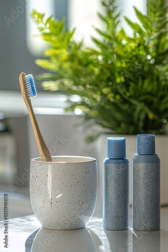Two blue grooming tools beside a potted plant and a white bowl in a cozy bath...